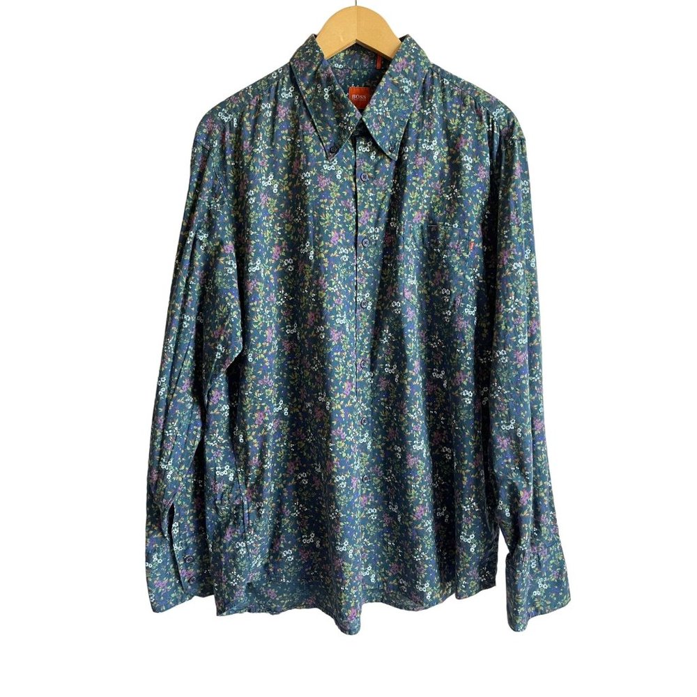Hugo Boss Men's XXL Green Dark Floral Button Down Collared Shirt 100% Cotton